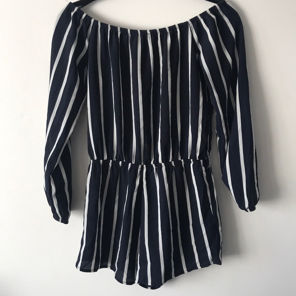 Off the shoulders blue and white stripped romper